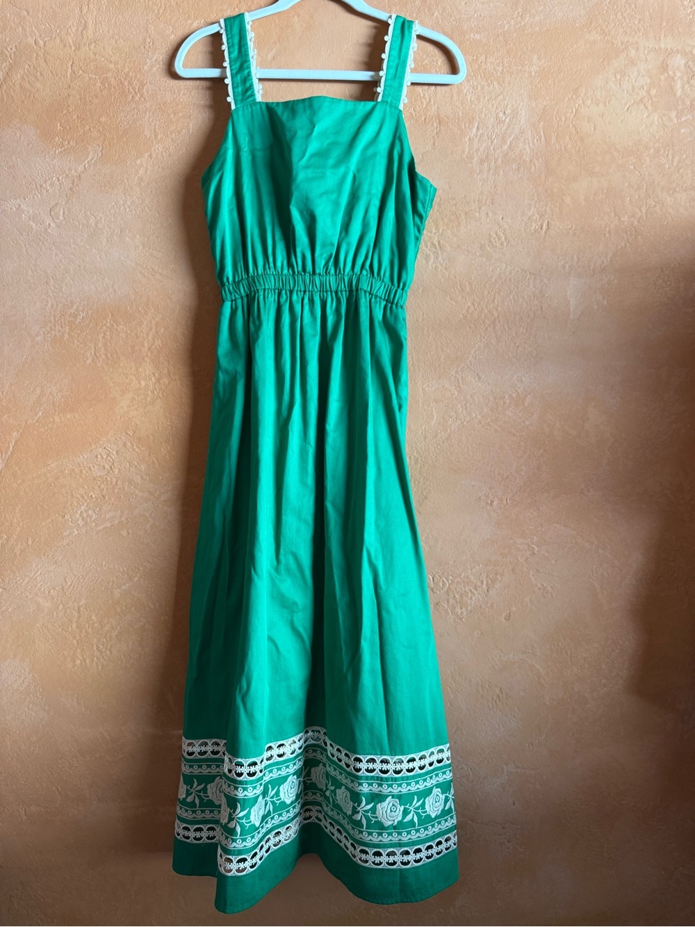 Emily Lovelock Green Cotton Embroidered Midi Dress Bow Back Small